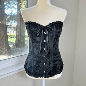 Black Jacquard Ruffle Corset Top‎ Lace Up Boned Bustier Women's 1XL Victorian